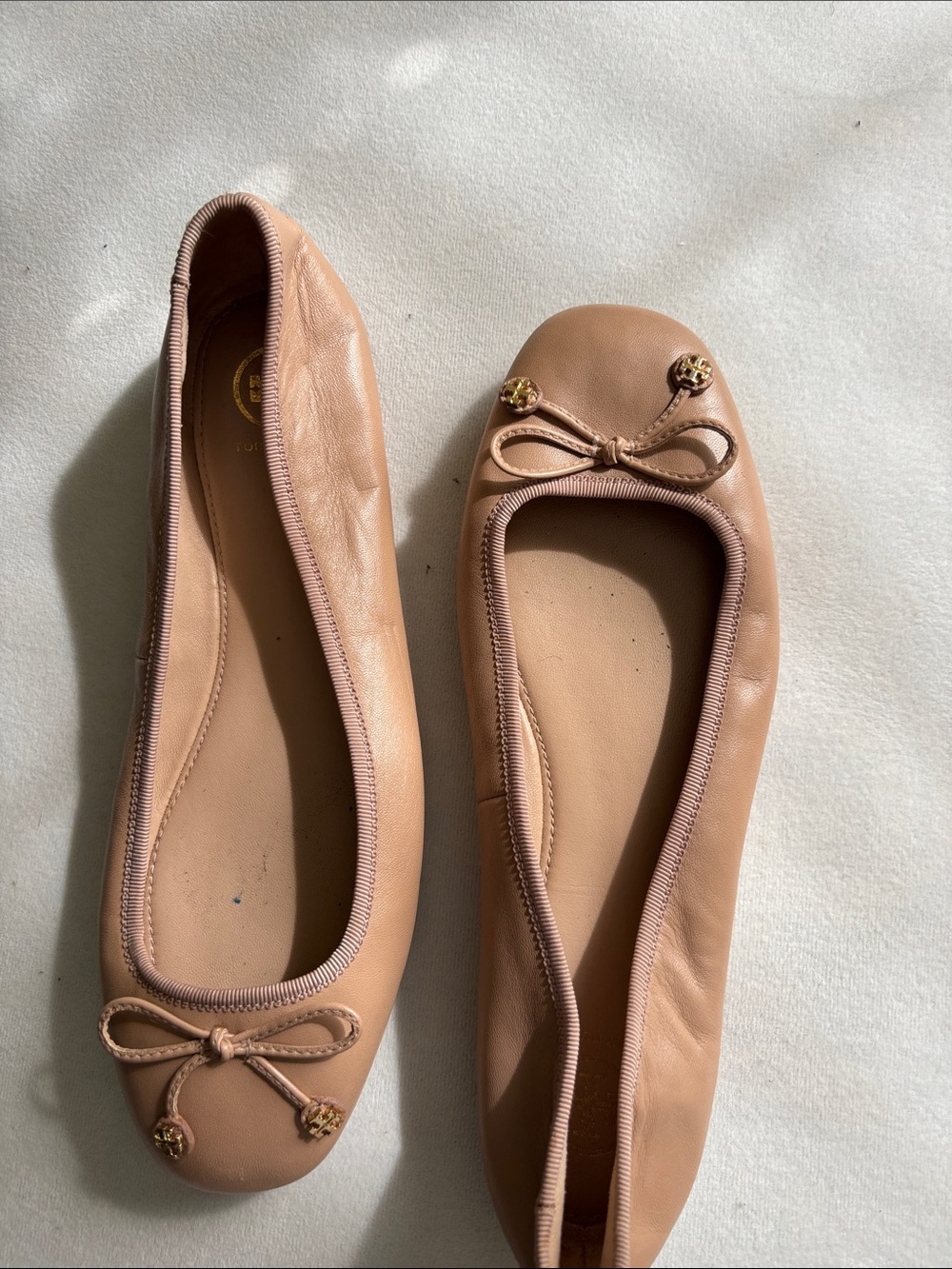 Tory Burch Blush Leather Ballet Flats with Bow and Logo Charm